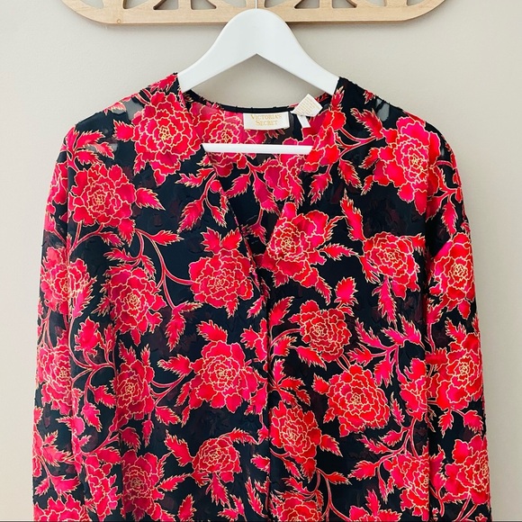 Victoria's Secret Gold Label Floral Print Popover Night Top Red/Black Sz… - Picture 2 of 8